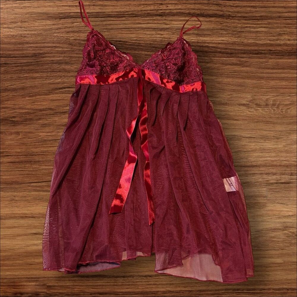 Burgundy Lace Sheer Mesh Babydoll Chemise Satin Ribbon Size M